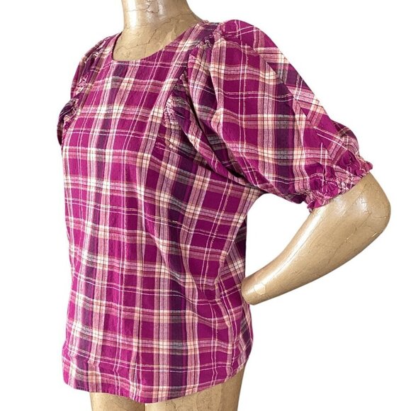 INC International Concepts Madison Plaid Puff-Sleeve Cotton-Linen Top Sz M 315K - Picture 5 of 9